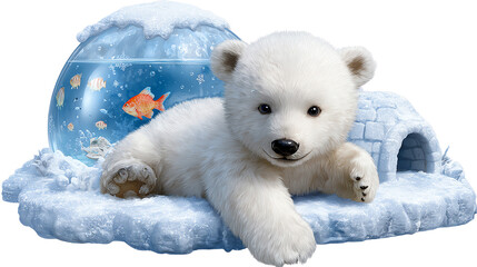 Polar Cub Amidst a Frozen Fantasy: An endearing polar bear cub, nestled on an icy terrain, its innocent gaze captivating, it is a world where arctic dreams and aquatic wonders blend seamlessly.