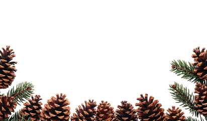 Pine Cones and Pine Branches Forming a Bottom Border Isolated on Transparent Background; PNG