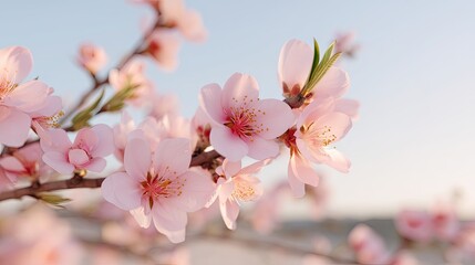 Obraz premium Delicate Pink Cherry Blossom Blooms on Branch Against Soft Sky Background in Springtime