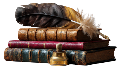 Literary Composition: A still life composition featuring a stack of vintage books adorned with a classic quill pen and a bell. Capturing the essence of knowledge, wisdom, and the art of storytelling.