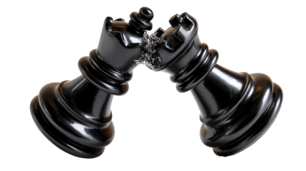 Chess piece in conflict: A close-up shot presents a captivating moment of strategic tension, where two black chess pieces collide, embodying competition and a battle of wits.