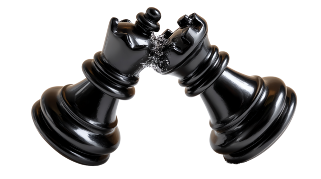Chess piece in conflict: A close-up shot presents a captivating moment of strategic tension, where two black chess pieces collide, embodying competition and a battle of wits. - Powered by Adobe