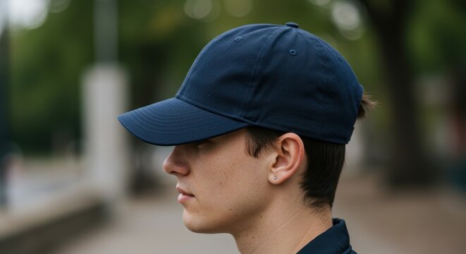 Man wearing a navy blue baseball cap outdoors.