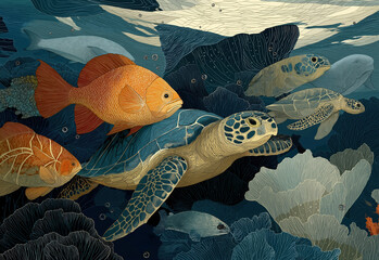 Illustrated sea turtle swimming with colorful fish.