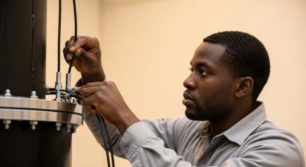 Focused black engineer adjusting electrical cables on industrial equipment inside laboratory, demonstrating technical proficiency, innovation and concentration during critical maintenance task