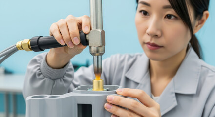 Focused female engineer operating precision machine tool in modern laboratory, carefully controlling equipment for accurate mechanical assembly and quality control work