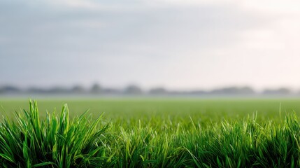 Fototapeta premium Lush Green Grass Landscape Under Soft Cloudy Sky in a Peaceful Natural Environment