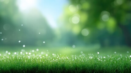 Obraz premium Serene Natural Landscape with Dew Drops on Grass Under Soft Sunlight in Lush Green Setting