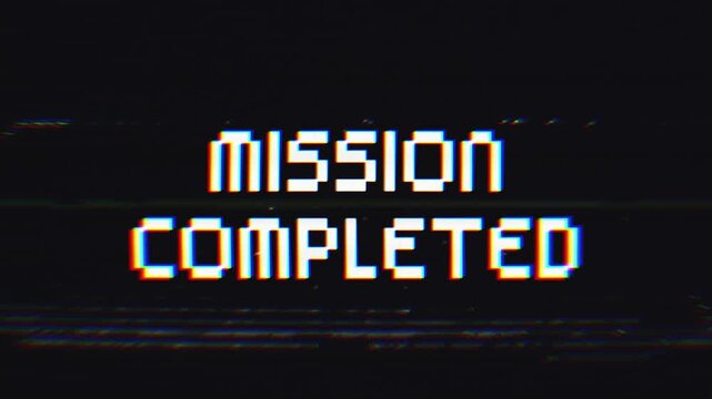 Mission Completed Glitch Text Animation on black background. 4k footage video