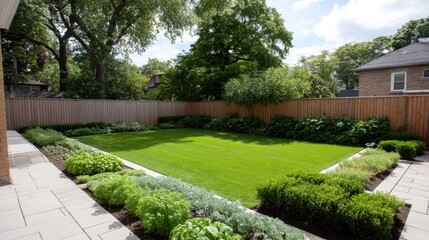 Obraz premium Lush Green Backyard with Well-Maintained Lawn and Neat Flower Beds Surrounded by Fencing in a Residential Area