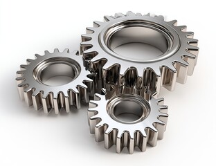 Three polished chrome gears interlock on a white background
