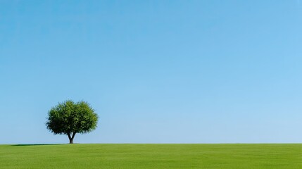 Obraz premium Lone Tree on Green Field Under Clear Blue Sky in Nature Landscape with Minimalist Composition