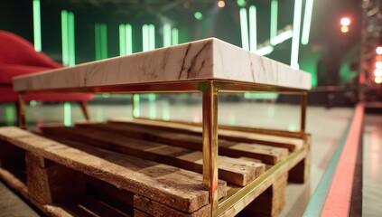 Fototapeta premium Marble table with gold frame rests on wooden pallet in setting.