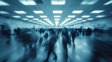 Abstract blue motion blur image of people walking through a modern airport or station terminal, symbolizing travel, speed, urban life, business movement, technology, and futuristic transportation envi