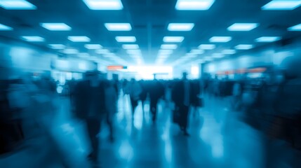 Abstract blue motion blur image of people walking through a modern airport or station terminal, symbolizing travel, speed, urban life, business movement, technology, and futuristic transportation envi