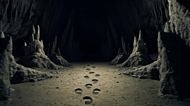 A mysterious cave pathway marked by footprints leading into darkness.