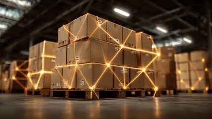 a digitally enhanced image of a pallet of cardboard boxes in a warehouse with glowing lines depicting advanced tracking and inventory management systems