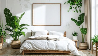 Bright and Airy Bedroom with Lush Green Plants and Minimalist Decor.