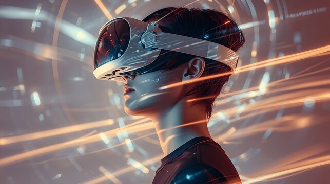 Futuristic portrait of a young woman wearing a virtual reality headset surrounded by glowing digital light trails, symbolizing innovation, technology, immersive experience, and the future of digital i