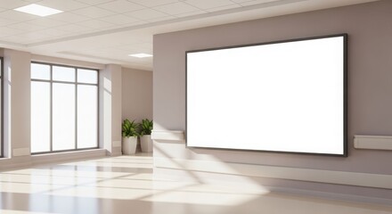Fototapeta premium Interior view of a modern building with a blank, large, rectangular display screen.