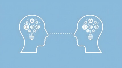 Minimalist illustration showing two human heads with interconnected gears shaped like light bulbs symbolizing knowledge sharing, communication, innovation, creativity, teamwork, and idea exchange on a