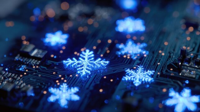 Circuit Board With Glowing Blue Snowflake Patterns Brings Winter Charm to Technology Environment