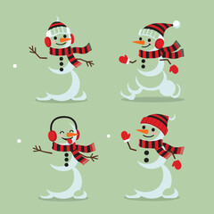 A charming collection of four cartoon snowmen characters in festive winter hats and scarves.