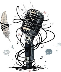 Vintage Microphone with Feather and Music Notes. illustration concept design creative background style inspiration