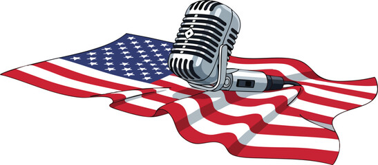 Vintage silver microphone on a waving American flag illustration. design creative background style inspiration