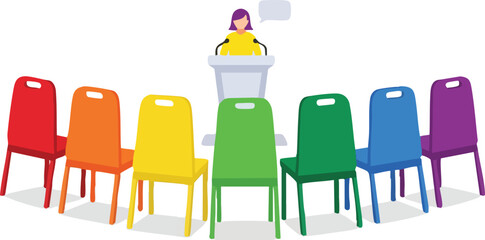 Woman Speaking at Podium with Rainbow Chairs. illustration concept design creative background style inspiration