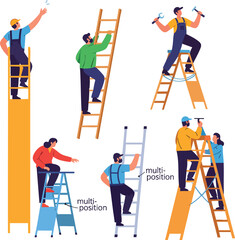A collection of illustrated workers using various types of ladders for home improvement and repair tasks. © Vira