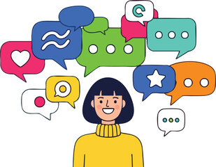 Woman surrounded by social media messages. inspiration illustration concept design creative background style inspiration