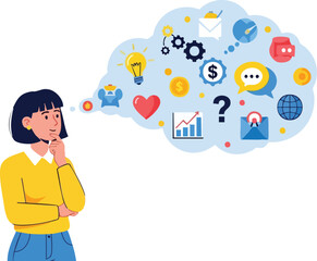 Woman Thinking with Thought Bubble. style inspiration illustration concept design creative background style inspiration