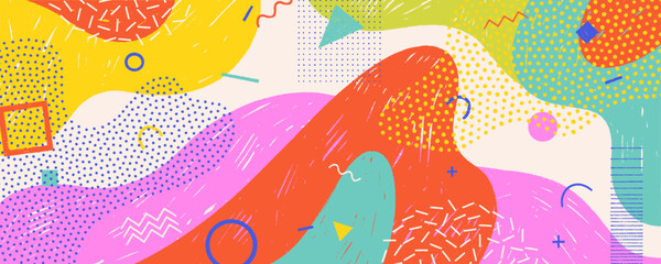 Fototapeta premium Pastel pop playground pattern with crayon texture and Memphis shapes for funky background design. Childish chalk drawn waves, fluid geometric shapes and doodles. Hand drawn vector aesthetic template.