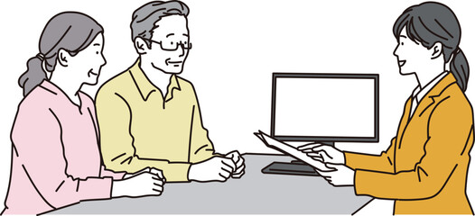 相談窓口で説明を受けるシニア夫婦のイラスト素材