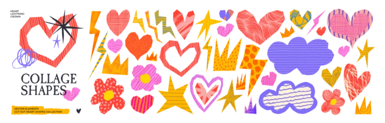 Fotobehang Berken Collage scrapbook stickers with crayon drawn doodles and patterns. Colorful heart, flower, lightning and crown scrapbook shapes. Cutout funky shapes for collage valentine design and Y2K aesthetics.  © Anastasiia Hevko