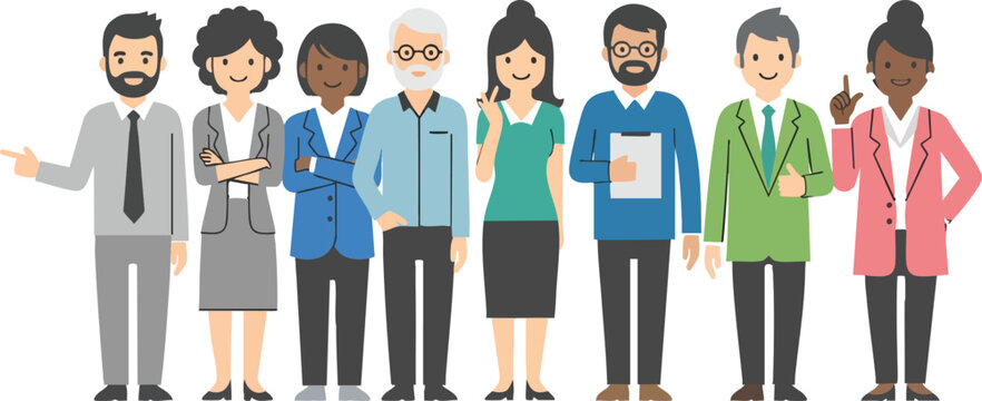 A diverse group of cartoon business people standing together as a professional team.