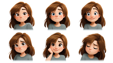 Emotional Spectrum: A collection of expressive illustrations showcasing a young woman's journey through a range of emotions, from introspection to joy. Each depiction reflects a unique state of mind.