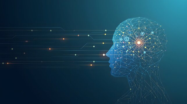Digital human head made of connected network lines and glowing data points, symbolizing artificial intelligence, technology, innovation, machine learning, neural networks, and futuristic digital think