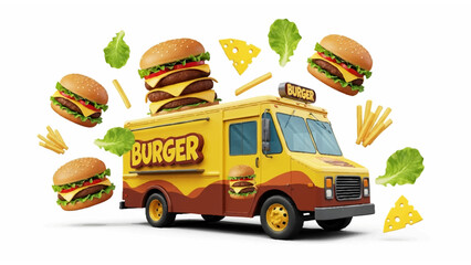 Gourmet Burger Truck Surrounded by Floating Fries, Cheese, and Hamburgers