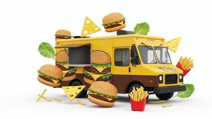Gourmet Burger Truck Surrounded by Floating Fries, Cheese, and Hamburgers