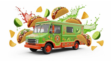 Fiery Taco Truck Surrounded by Floating Mexican Street Food Delights