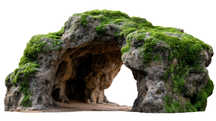 Cave Arch: A natural stone archway, adorned with vibrant green moss, opens to reveal the mysteries within, evoking a sense of ancient wonder and exploration.
