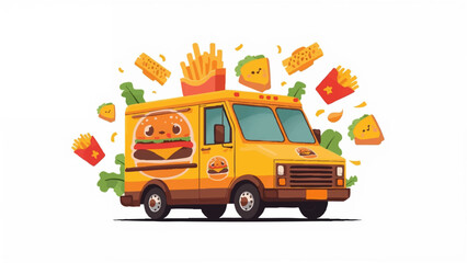 Gourmet Burger Truck Surrounded by Floating Fries, Cheese, and Hamburgers