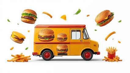 Gourmet Burger Truck Surrounded by Floating Fries, Cheese, and Hamburgers