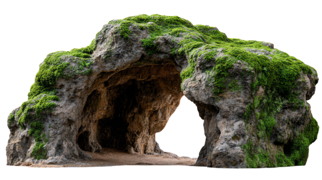 Cave Arch: A natural stone archway, adorned with vibrant green moss, opens to reveal the mysteries within, evoking a sense of ancient wonder and exploration.
