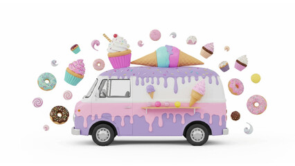 Whimsical Ice Cream Truck Surrounded by Floating Cupcakes, Donuts, and Macarons