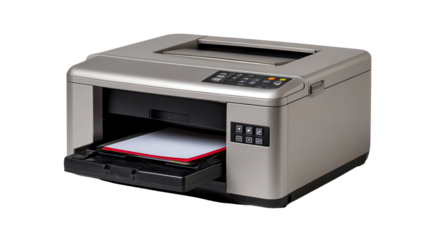 The Modern Printer: A sleek, metallic printer sits ready, equipped to generate clear documents and graphic renditions, symbolizing a seamless blend of technology and efficiency.