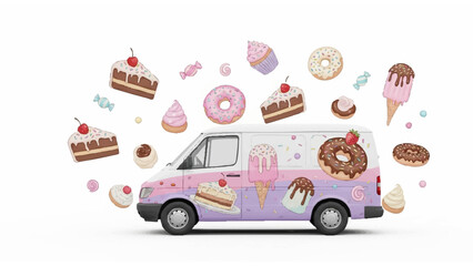 Whimsical Ice Cream Truck Surrounded by Floating Cupcakes, Donuts, and Macarons