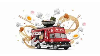 Explosive Asian Street Food Truck Surrounded by Flying Sushi, Ramen, and Dumplings